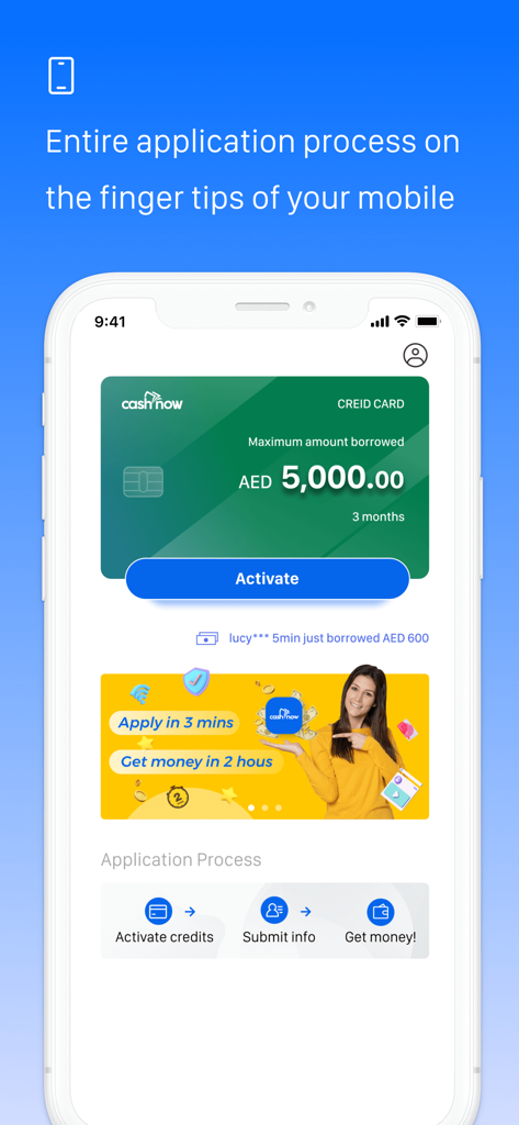 CashNow mobile app displaying a 5000 AED credit limit and simple three step application process