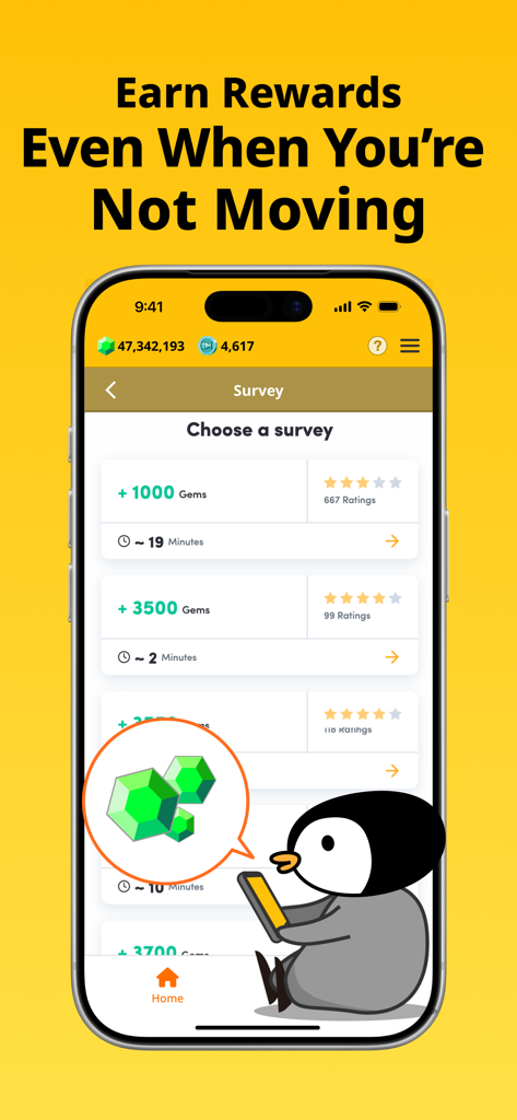 GeoSmile - Move to Earn Money - GeoSmile 앱 인터페이스가 이동하지 않을 때 보석 보상을 적립하기 위한 사용 가능한 설문 조사를 보여줍니다