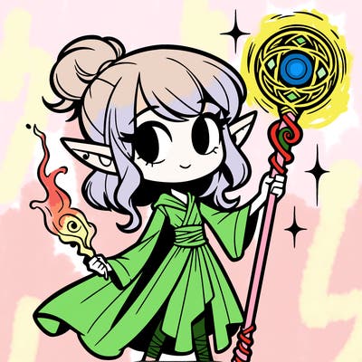 female imp with magical staff