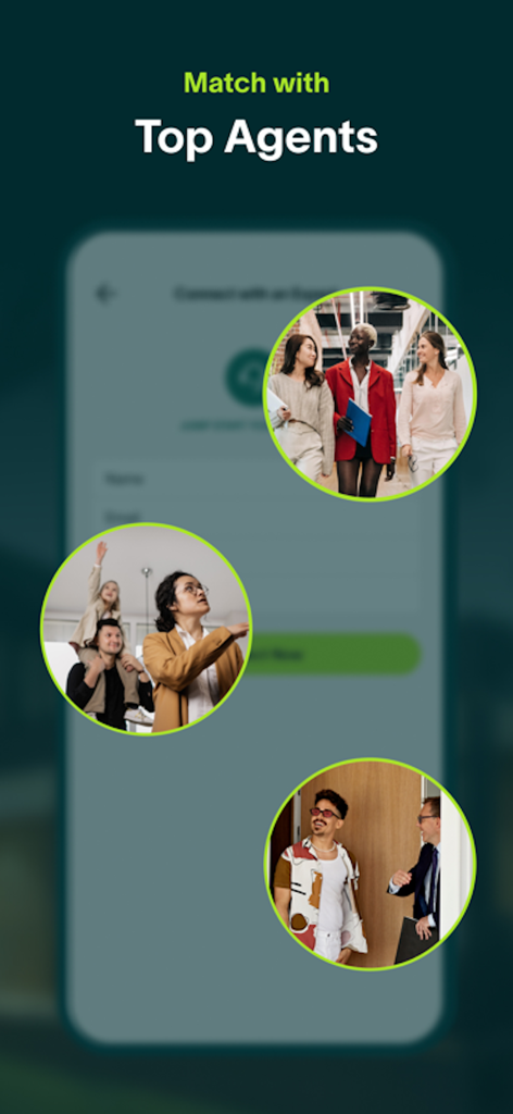 Movoto | Real Estate - Pantalla de la aplicación Movoto que muestra la función 'Conecta con los mejores agentes' para conectarse con expertos inmobiliarios