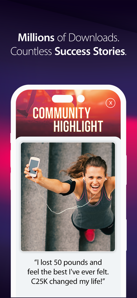 Community highlight section showing a happy woman with a testimonial about weight loss and life transformation using the app
