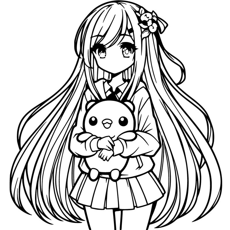 a girl with long hair holding a plushie also anime styled