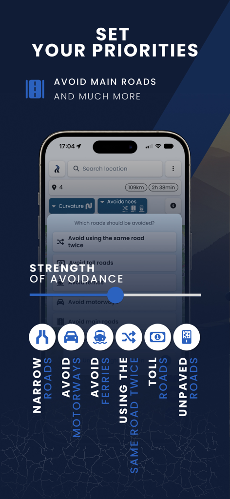 Kurviger motorcycle navigation app screen showing route avoidance settings for motorways toll roads and unpaved roads