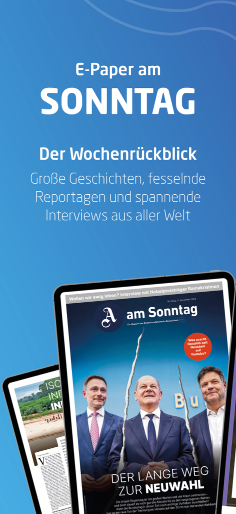 Visuel promotionnel pour l'édition dominicale du journal électronique VRM présentant un résumé hebdomadaire de l'actualité sur une tablette.