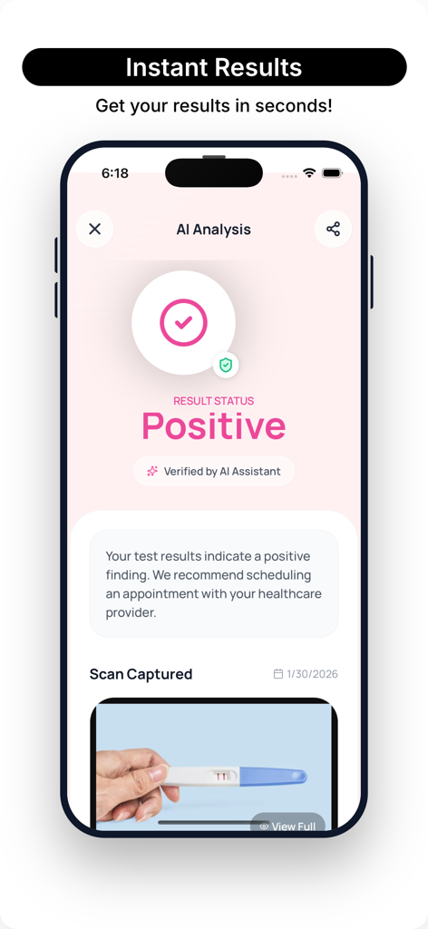 AI Pregnancy Test Reader - AI Pregnancy Test Reader app showing a positive result screen with detailed AI analysis and a photo of the test strip.