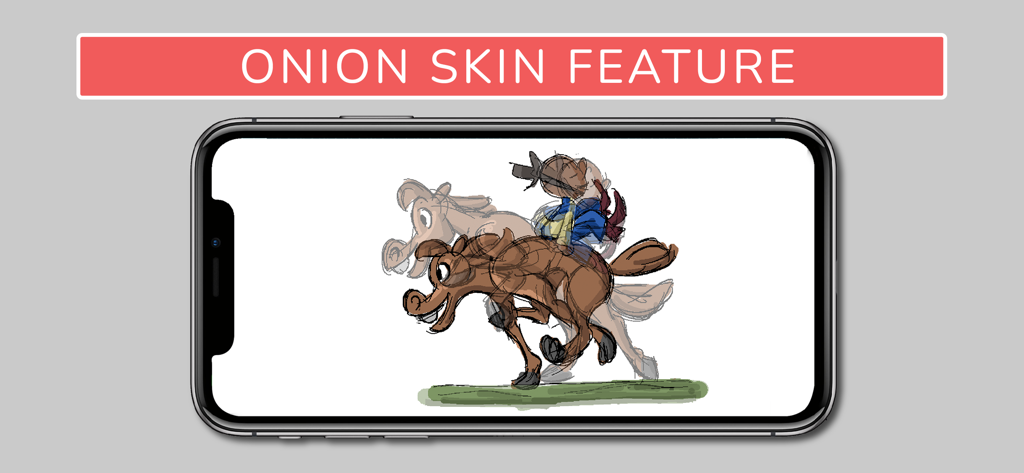 Animation Sketch Pro - A smartphone screen demonstrating the onion skinning feature for 2D hand-drawn animation in Animation Sketch Pro.