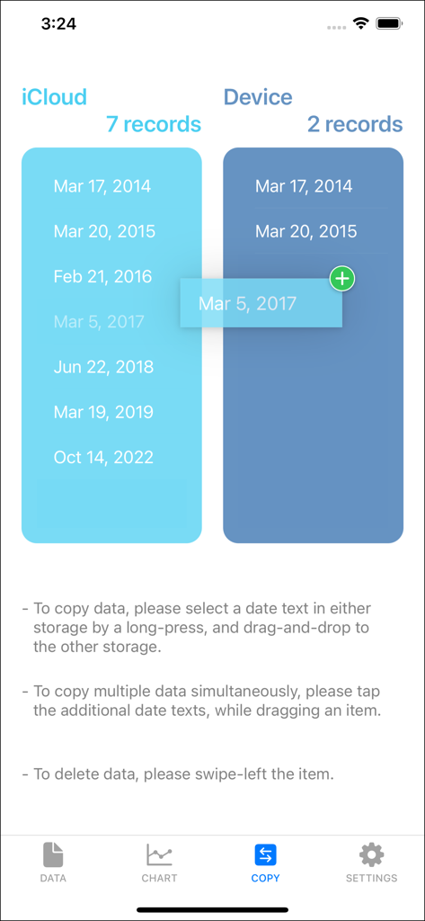 Interface utilisateur de healthTracks montrant la fonction de glisser-déposer pour copier les dossiers médicaux entre le stockage iCloud et l'appareil.