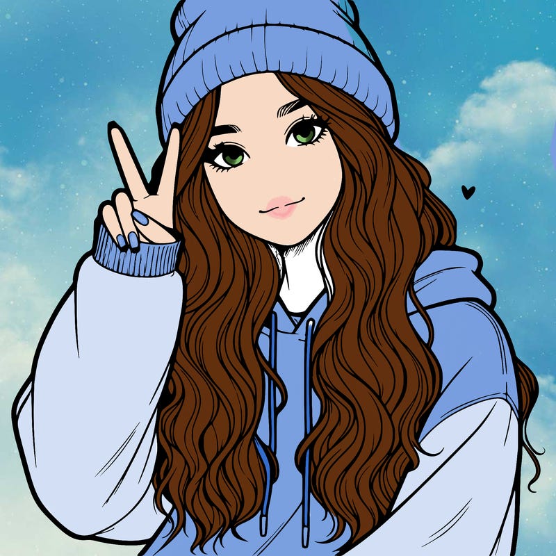 a teenage girl in a beanie, oversized sweatshirt, wavy long hair, and is showing a ✌️