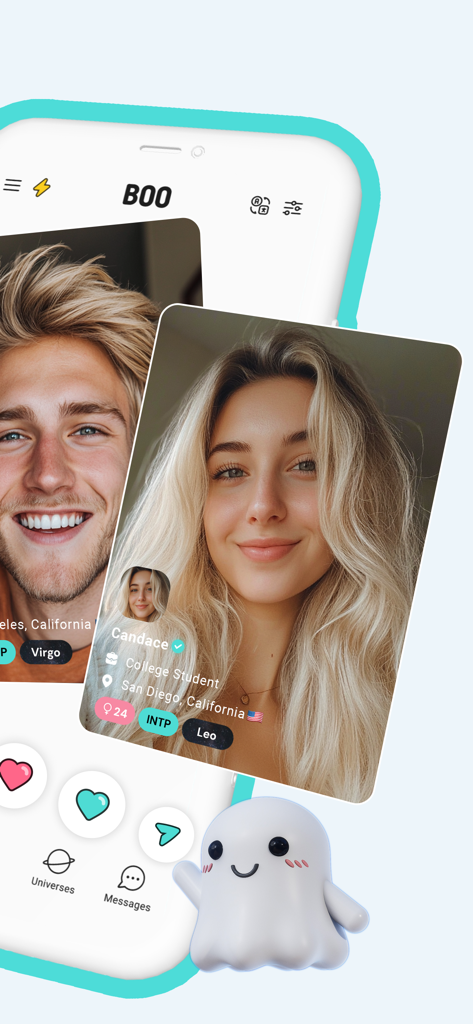 Boo dating app screen displaying user profiles with MBTI and zodiac tags like INTP and Leo alongside a friendly ghost mascot