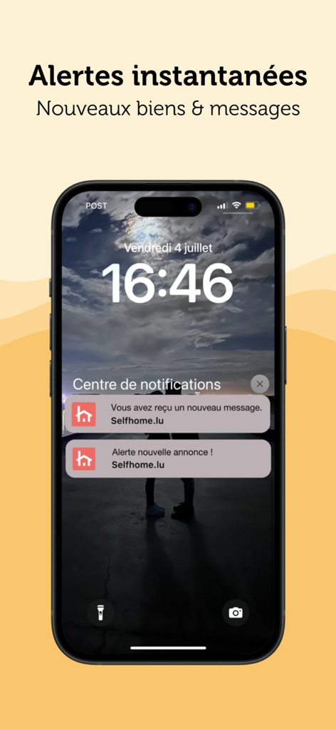 Selfhome.lu - Annonces Immo - iPhone screen showing real-time property alerts and message notifications from the Selfhome.lu app