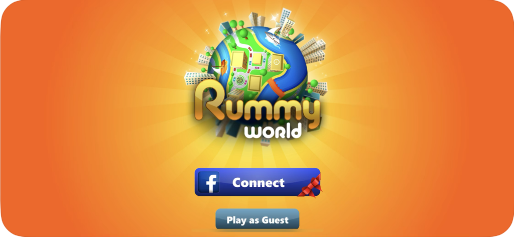 Rummy World - Rummy World app start screen with options to connect via Facebook or play as guest