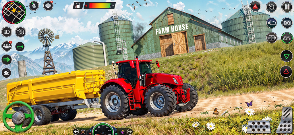 Tractor Driving Farming Games - A red tractor with a yellow trailer driving on a farm path in a 3D simulation game