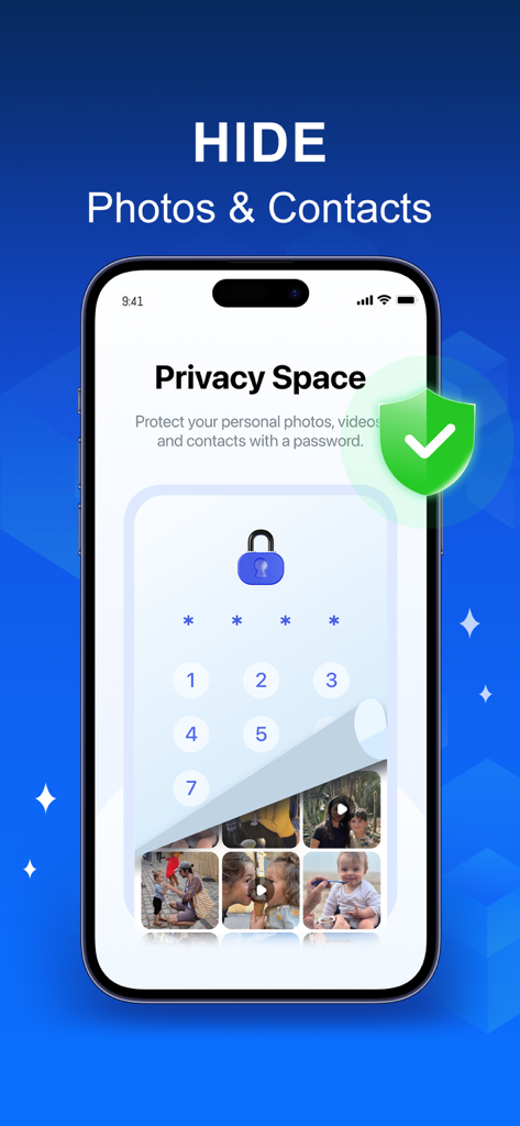 AI Cleaner: Storage Cleaner - Interfaz de la aplicación AI Cleaner que muestra la función de Espacio Privado para ocultar fotos y contactos con una contraseña