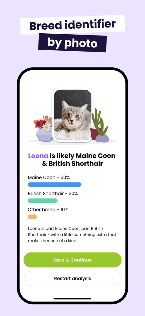 Meowz: Cat Training, Pet Care - A smartphone interface showing the Meowz app breed identifier feature with a photo of a cat and a percentage breakdown of its breeds.