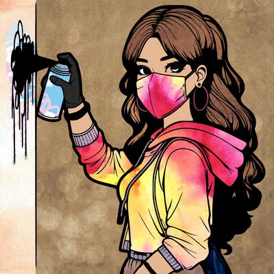 realistic girl with mask spray painting a wall