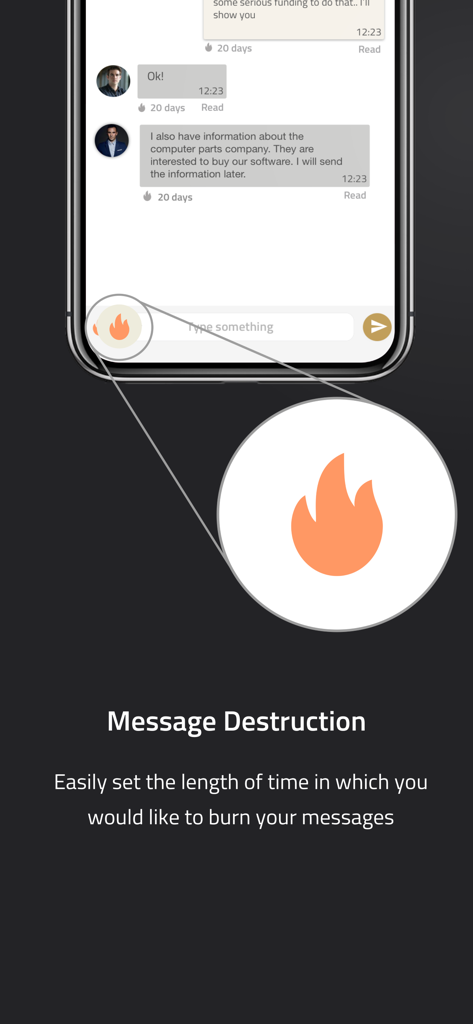 Silent Phone - A screenshot of the Silent Phone app showing the message destruction feature with a burn timer for encrypted messages.