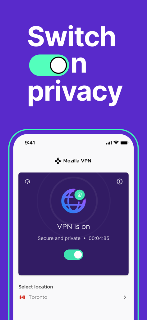 Mozilla VPN mobile app interface showing an active secure connection with the text Switch on privacy