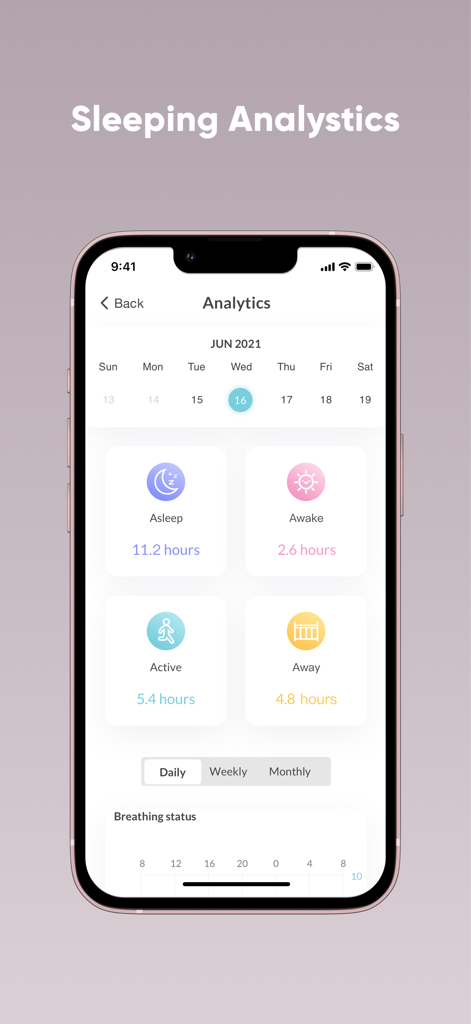 iBaby Care App - Smartphone screen showing iBaby Care app sleeping analytics dashboard with daily sleep and activity data