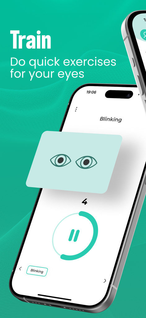 Eye Test: Check Your Vision - Interfaz de smartphone que muestra un ejercicio de parpadeo para reducir la fatiga visual en la aplicación Eye Test.