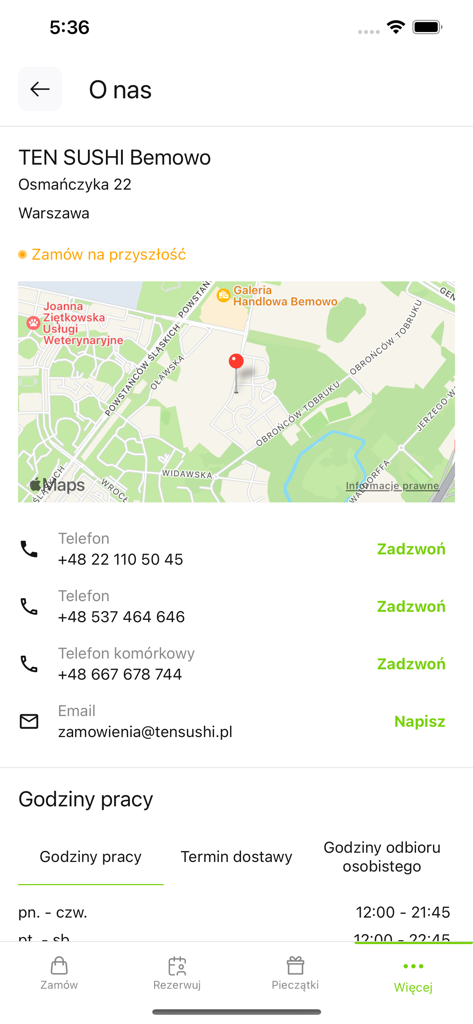TenSushi App Kontaktseite mit Karte des Restaurantstandorts und Geschäftszeiten.