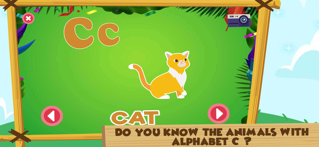 Pantalla de aplicación educativa que muestra la letra C con una ilustración de un gato y botones de navegación