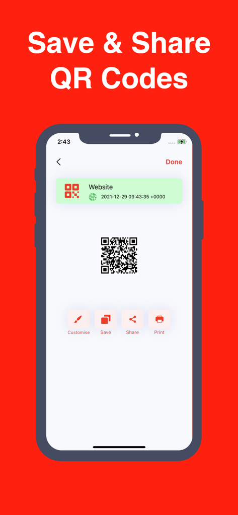 A smartphone screen displaying a generated QR code with options to customize, save, share, and print.