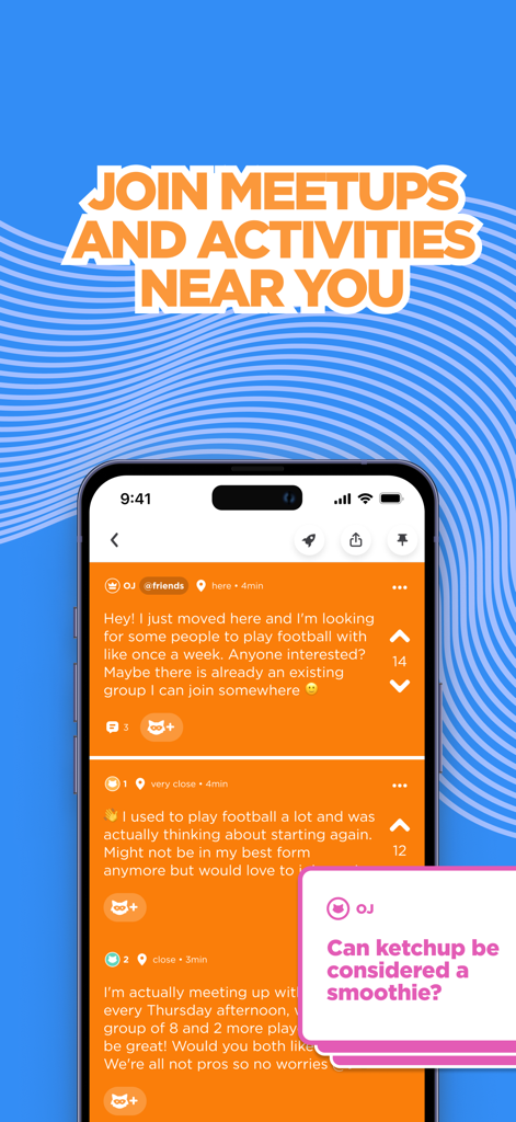 A Jodel app screenshot showing anonymous local posts about joining football games and community meetups