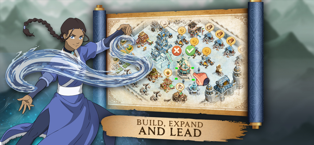 Katara utilisant le waterbending à côté d'une carte de construction de ville avec le texte build expand et lead