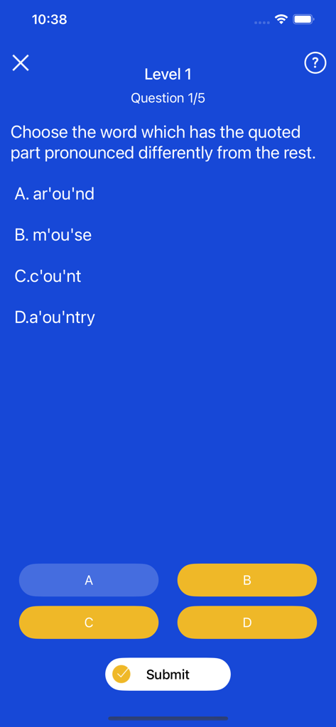 Duo ABC - A multiple choice pronunciation quiz question on the Duo ABC educational app for grade 10 students.