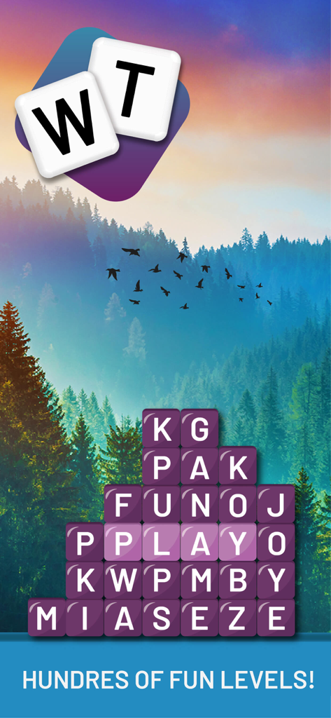 Word Tower: Relaxing Word Game - Word Tower mobile game screenshot showing a stack of letter tiles over a scenic forest background