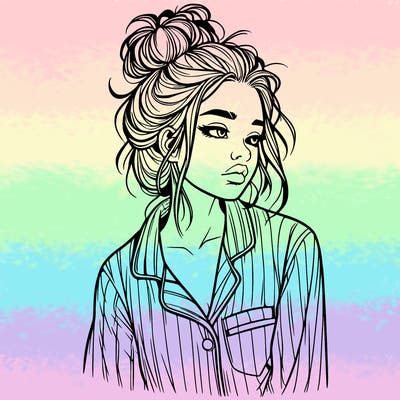 realistic woman with pajamas on and a messy bun
