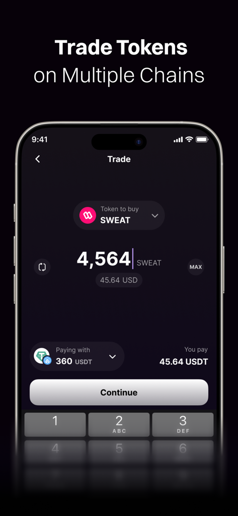 Interface of the Sweat Wallet app showing a crypto token trade from USDT to SWEAT