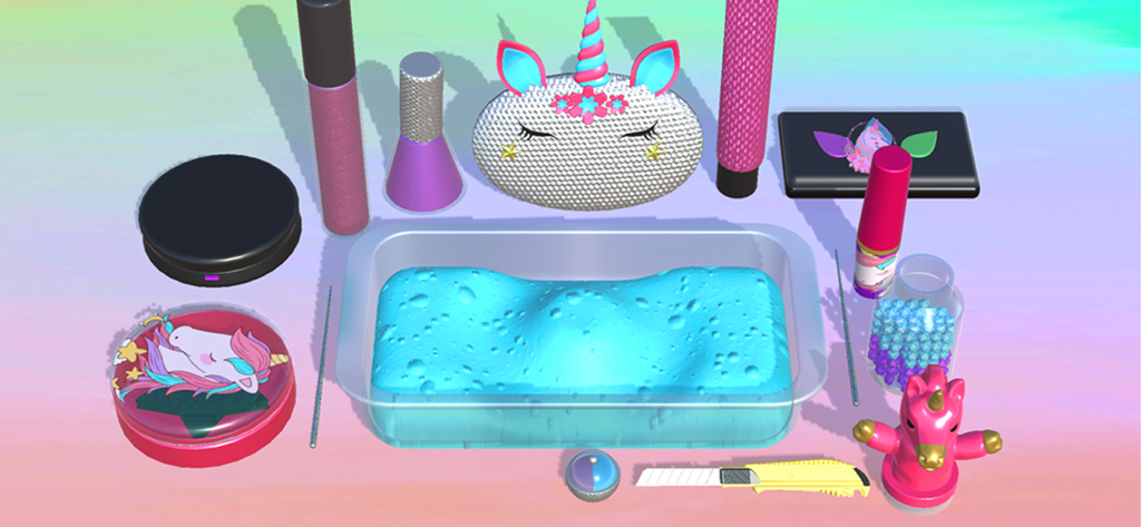 Makeup Slime Game! Relaxation - Un recipiente de slime azul brillante rodeado de artículos de maquillaje con temática de unicornio y herramientas de manualidades.
