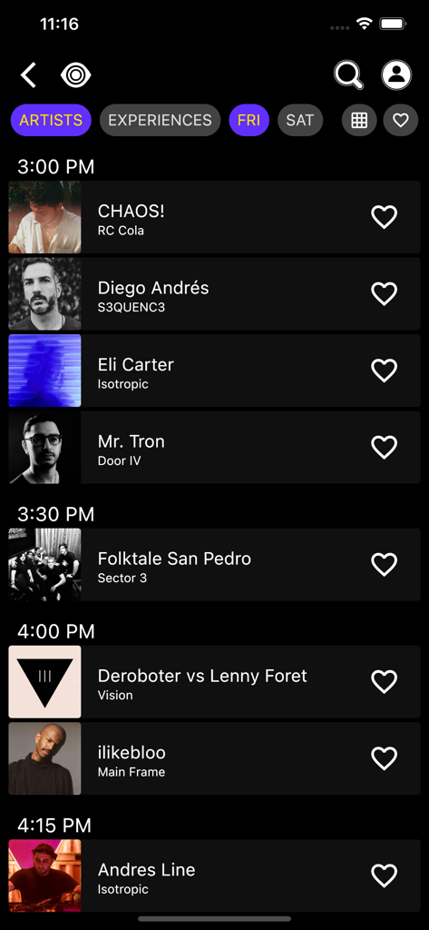 Oberfläche der Insomniac Events App, die eine chronologische Liste von Musikkünstlern und ihre Auftrittszeiten anzeigt