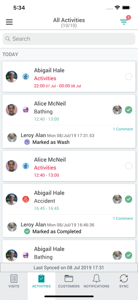 Mobile dashboard of the Access Care Planning app showing a list of patient care activities and completion status