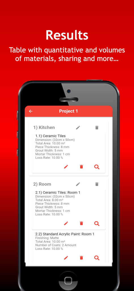 ConstruCalc - Página de resultados de la aplicación ConstruCalc que muestra las cantidades de materiales calculadas para un proyecto de construcción