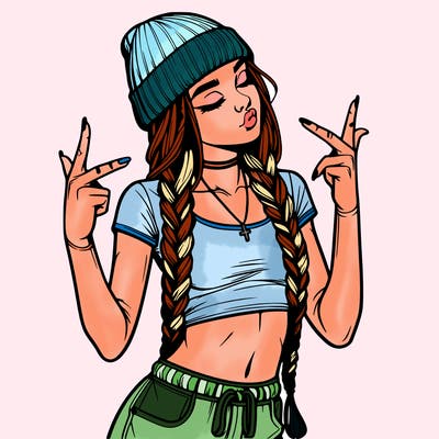 realistic teenage girl with braids and a beanie and crop top doing 🫶🏼