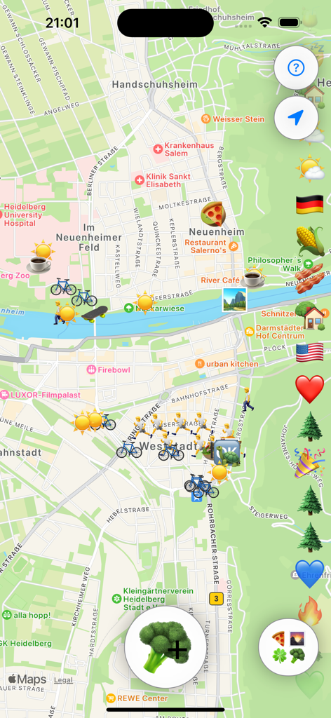 MapMoji - An interactive map interface showing a city decorated with colorful emojis like pizza, bicycles, and hearts