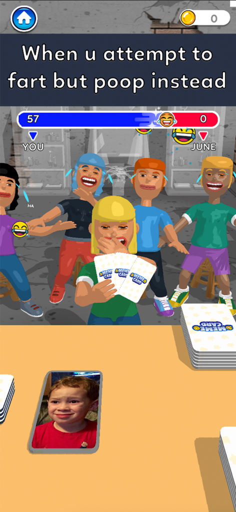 Gameplay of Meme Challenge showing characters laughing at a funny meme card selection.
