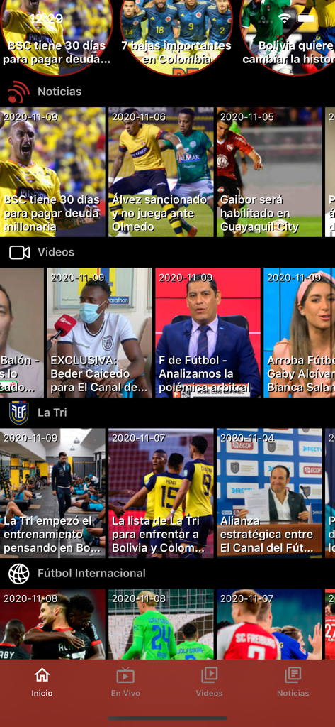 El Canal del Fútbol - Home screen of El Canal del Futbol app showing soccer news and video sections