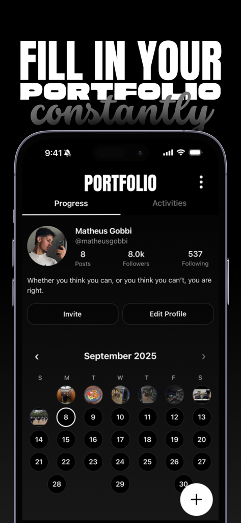 ユーザープロフィールと月次アクティビティカレンダーを備えた Fitfolio アプリのポートフォリオを表示するスマートフォン画面。