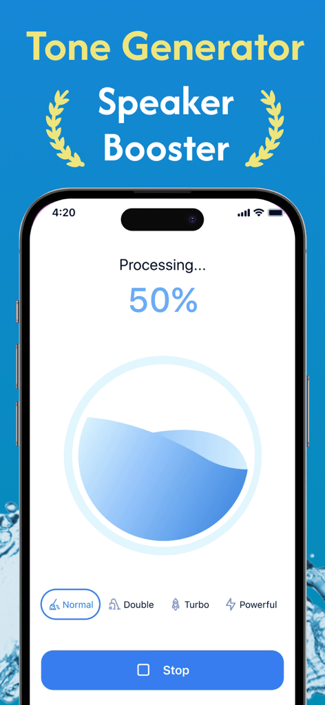 Smartphone screen showing speaker booster feature processing at 50 percent
