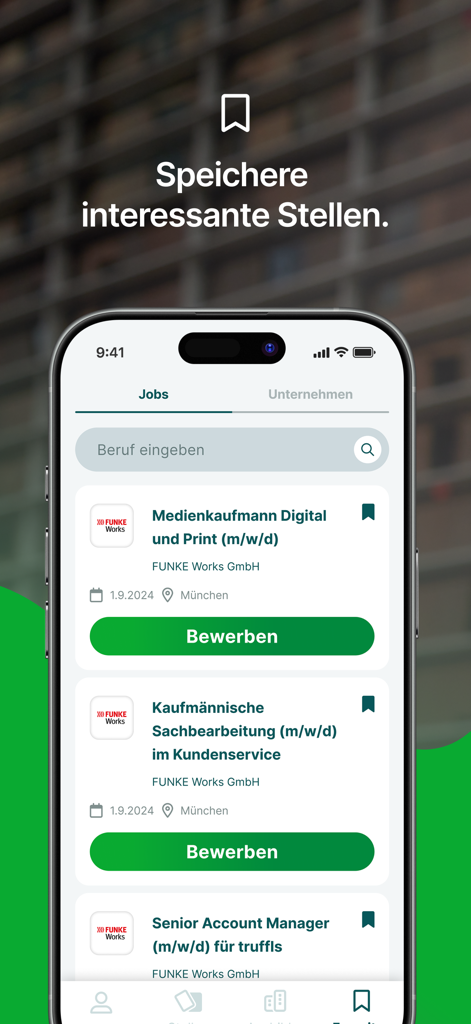 Azubiyo – Ausbildung per Swipe - A mobile app interface from Azubiyo showing a list of apprenticeship job postings with bookmark icons and apply buttons.