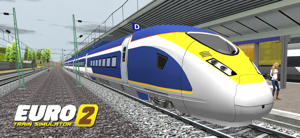 Euro Train Sim 2 - A high speed blue and yellow train at a station platform in Euro Train Sim 2