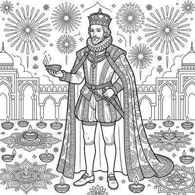 Discover a truly unique coloring experience with this intricate design featuring a majestic Renaissance ruler celebrating the vibrant Diwali Festival. Immerse yourself in a fusion of history and festivity, ready for your creative touch.