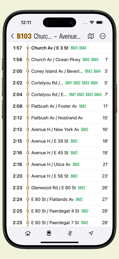 Transit: offline schedules - A mobile app screen showing the B103 bus route schedule with specific stop times and transfers.