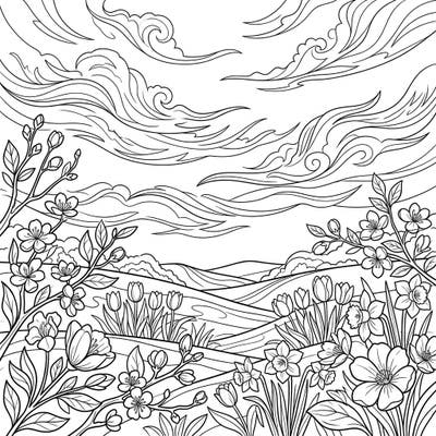 Drift into the beauty of the spring season with this enchanting coloring page, showcasing delicate cirrus clouds gracefully adorning the sky. Below, a vibrant array of blooming flowers awaits your creative touch, bringing the fresh essence of renewal to life.