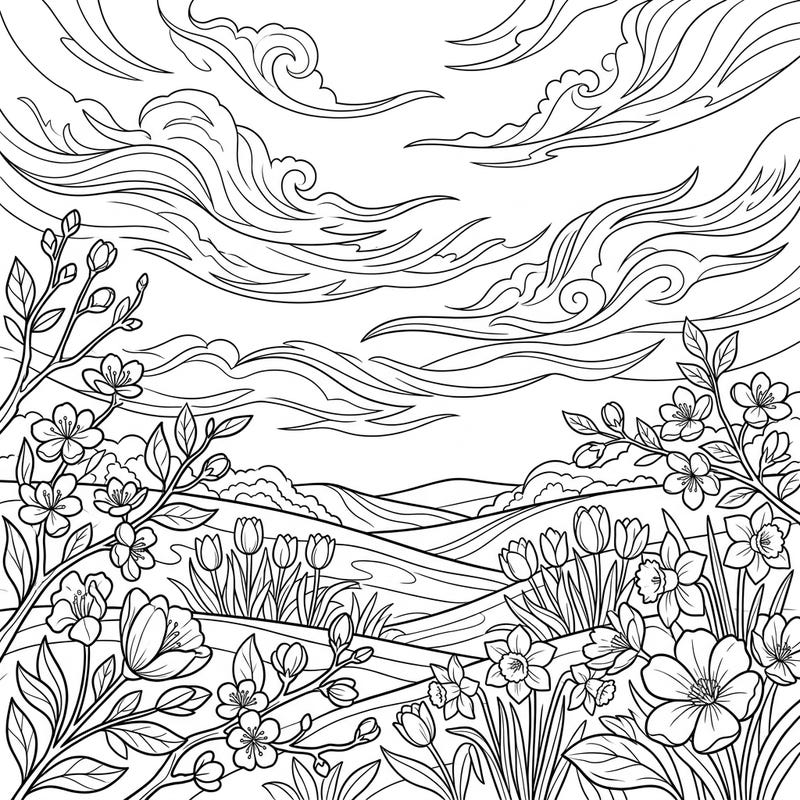 Drift into the beauty of the spring season with this enchanting coloring page, showcasing delicate cirrus clouds gracefully adorning the sky. Below, a vibrant array of blooming flowers awaits your creative touch, bringing the fresh essence of renewal to life.