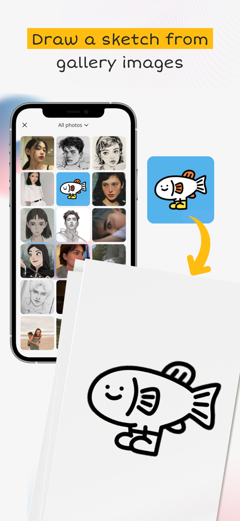 AR Sketch Studio - A mobile phone showing a photo gallery and the process of sketching a selected fish image onto paper using the AR Sketch Studio app.