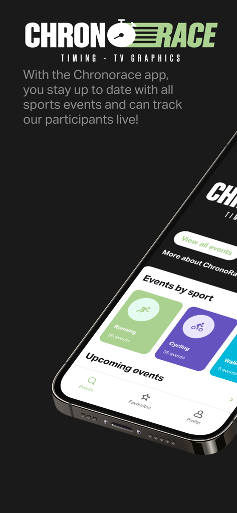 ChronoRace - ChronoRace mobile app interface showing sports categories for running and cycling events